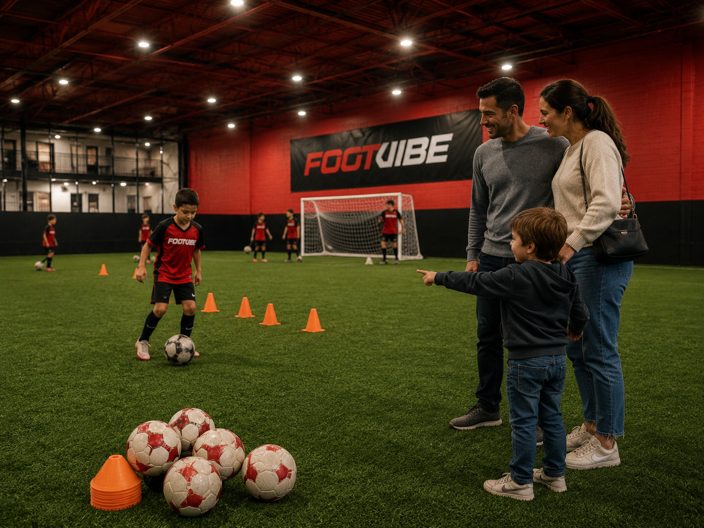 Parents découvrant les programmes de soccer FootVibe avec leurs enfants