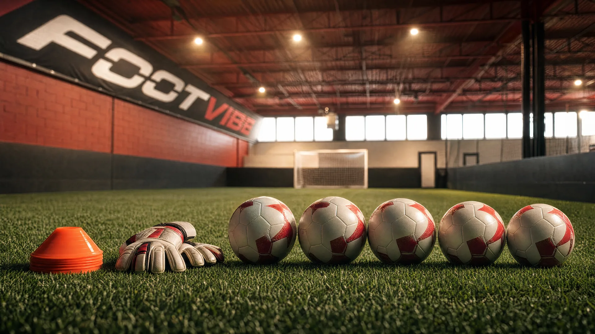 Inside the FootVibe soccer centre in Montreal East: turf field and equipment
